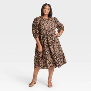 EUC Women's Plus Size 2X Puff 3/4 Sleeve Tiered Animal Print Dress